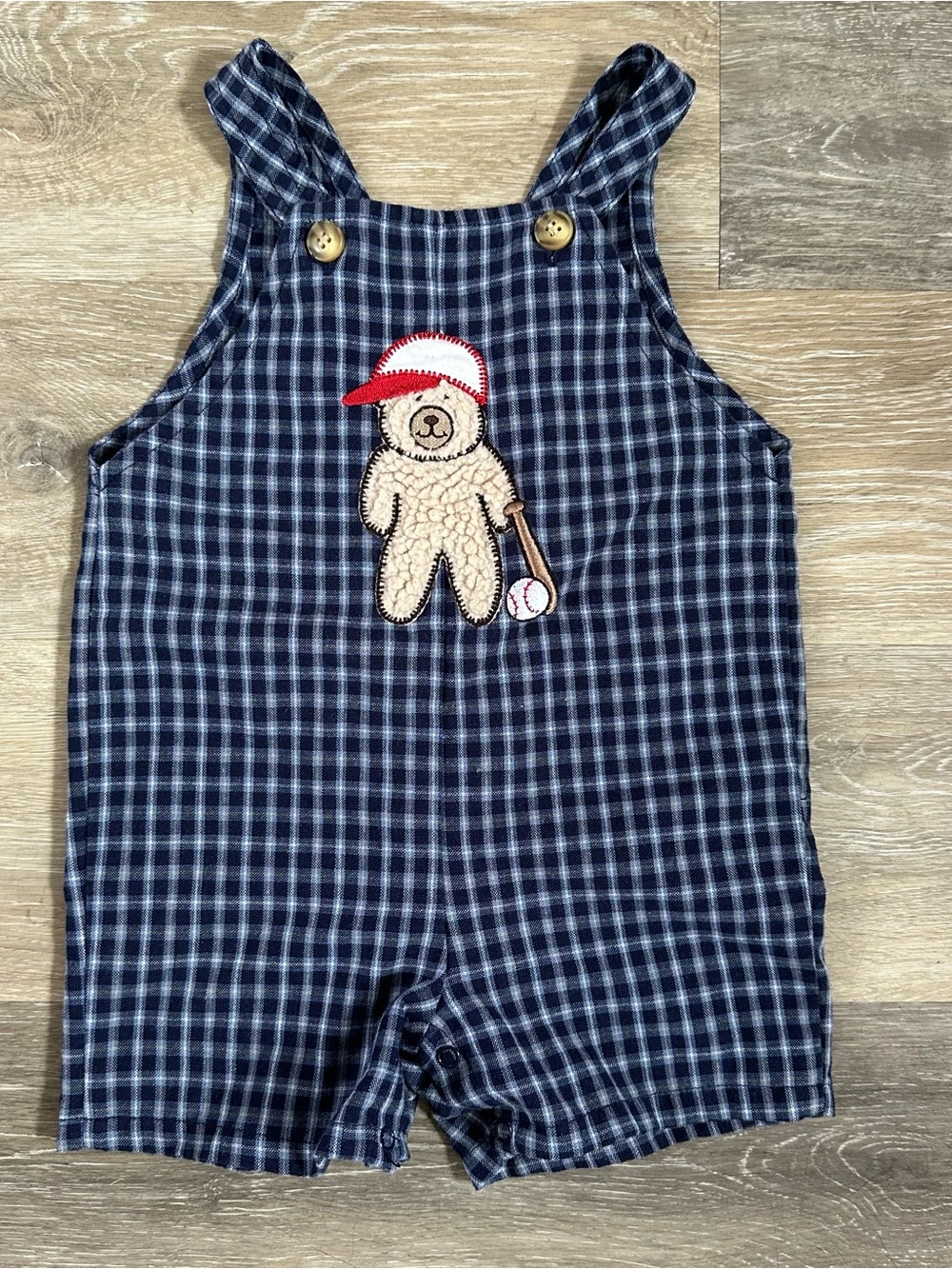 Vintage baseball bear blue plaid overall shorts Sz 12 months